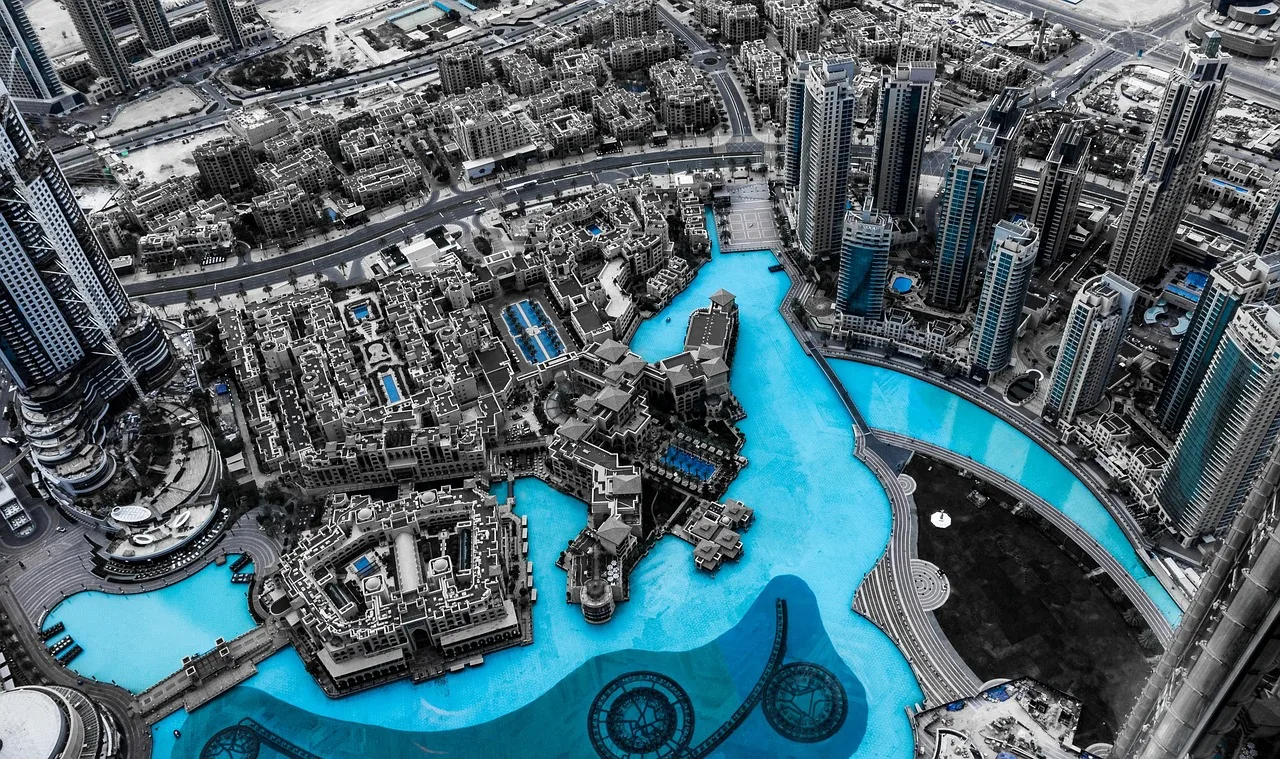 Aerial view of commercial buildings and waterways in Downtown Dubai